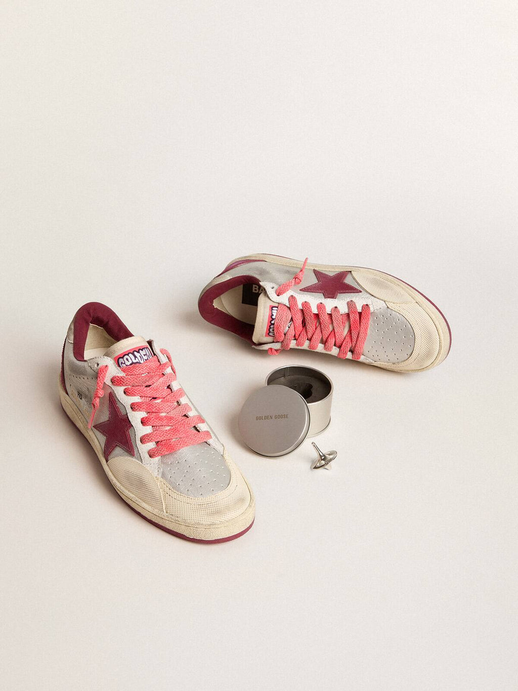 Men’s Ball Star Pro in silver crackle leather with burgundy star