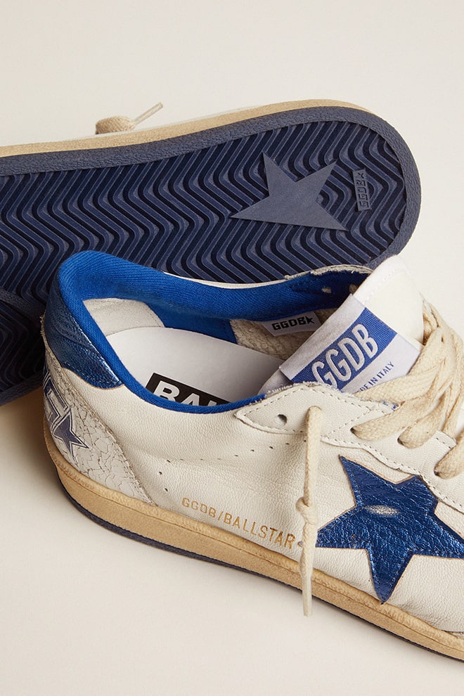 Women's Ball Star in white nappa with bright blue metallic leather star and heel tab
