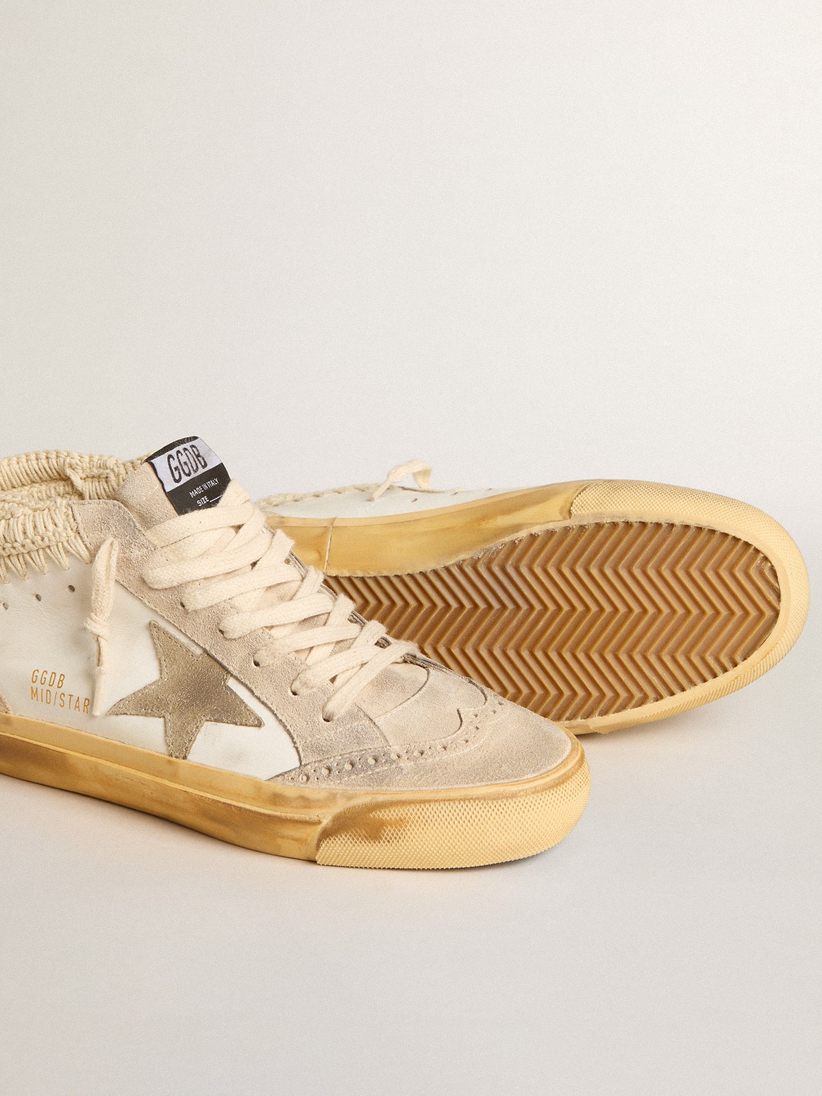 Mid Star LTD with pearl suede star and beige crochet heel tab