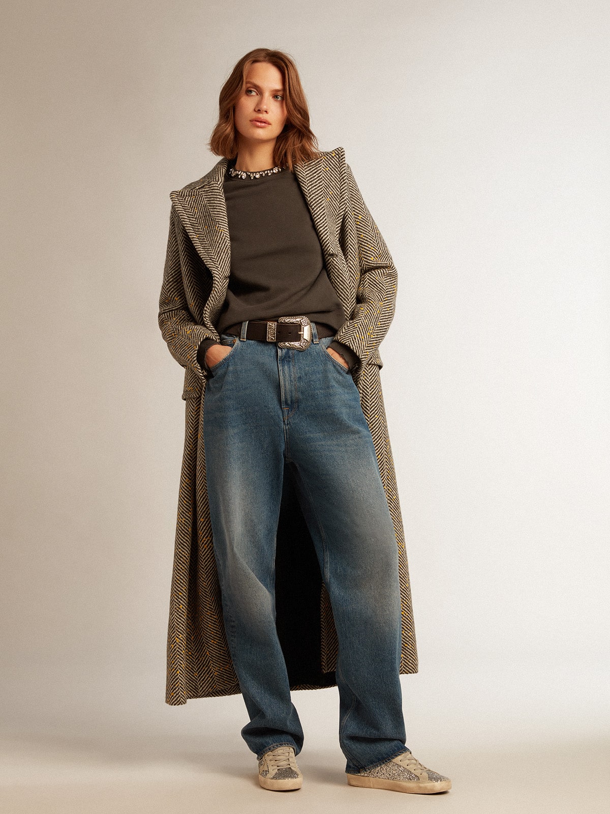 Women's long herringbone coat with yellow details